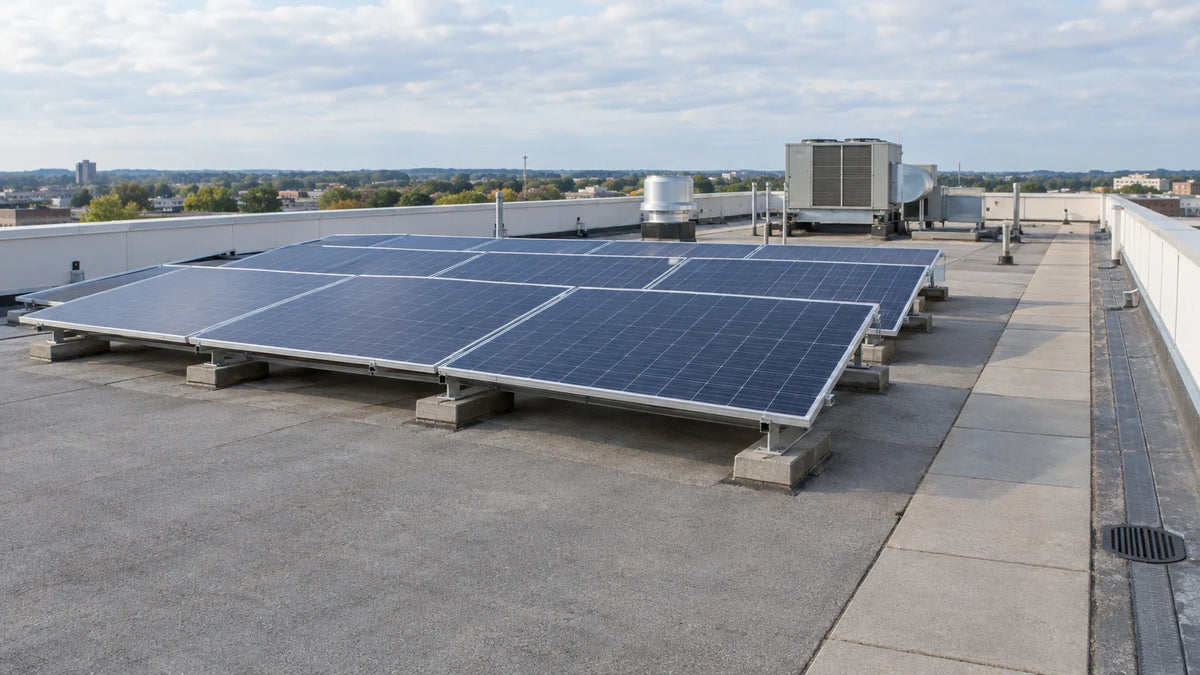 Rows of solar panels on a commercial flat roof with walkways, drains and rooftop equipment, showing what a site layout assessment covers.