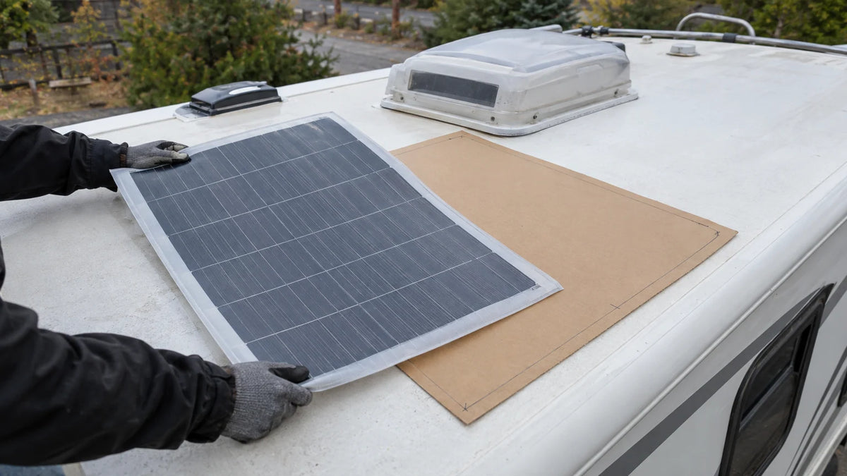 A parked RV roof during pre-installation fit assessment, viewed from a slightly elevated side angle.