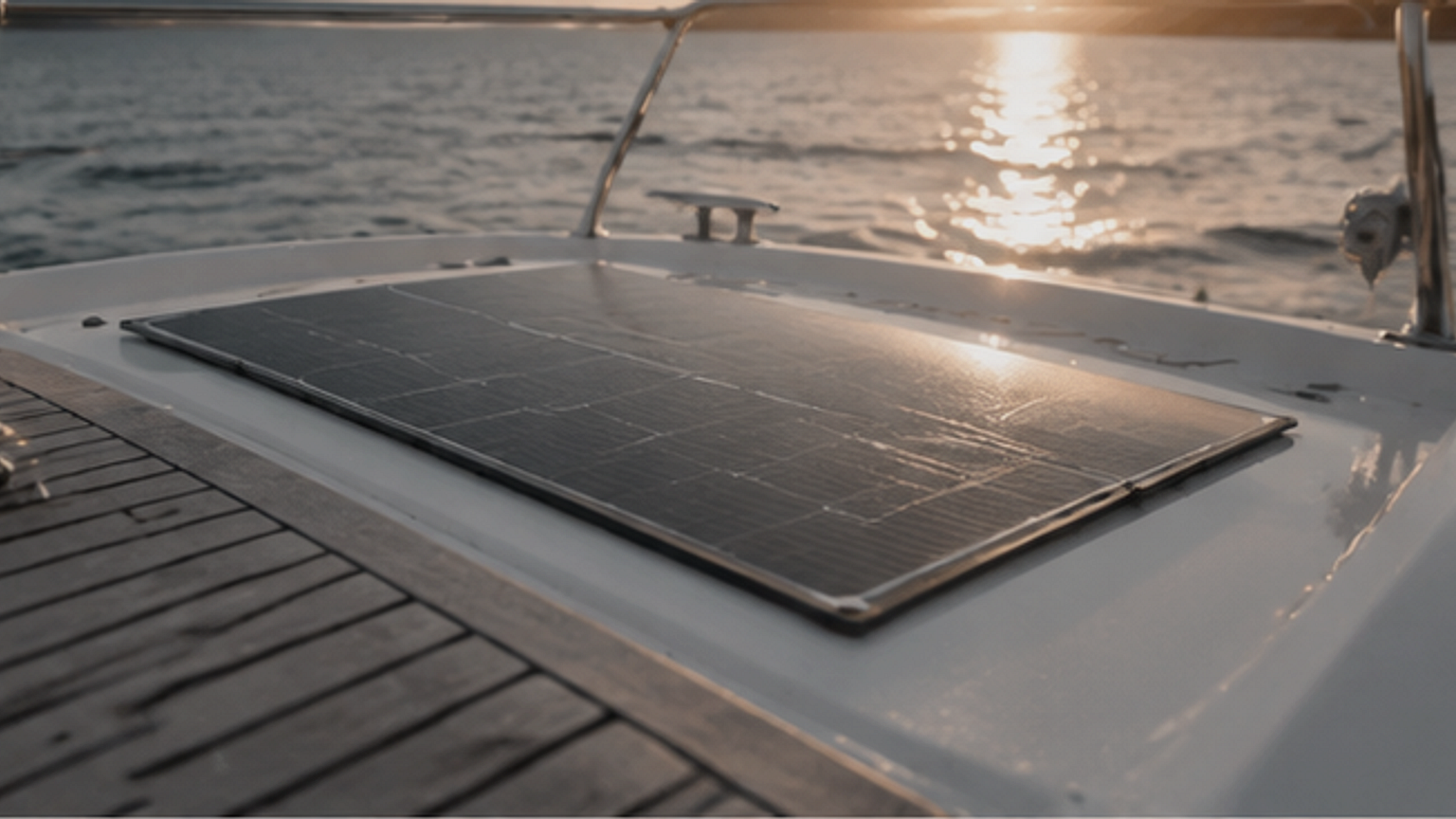 Low-profile flexible solar panel mounted flush on a white sailboat cabin roof, illustrating a compact marine charging installation.
