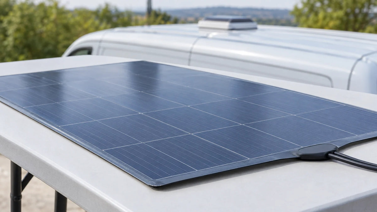 One finished flexible photovoltaic laminate lies flat on a clean portable inspection table in the foreground, filling most of frame and showing its thin construction and protected cable exit.