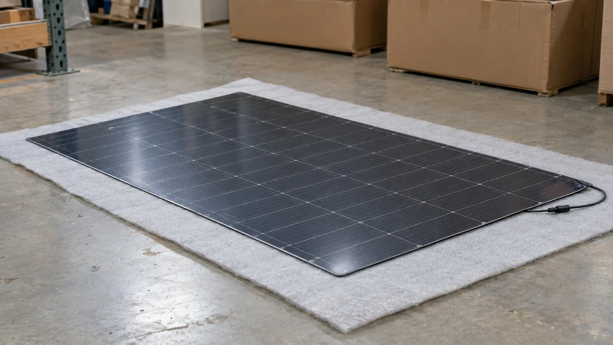 A frameless flexible solar panel on a protective pad on a warehouse review table, beside a few unmarked boxes, reviewed before a bulk order.
