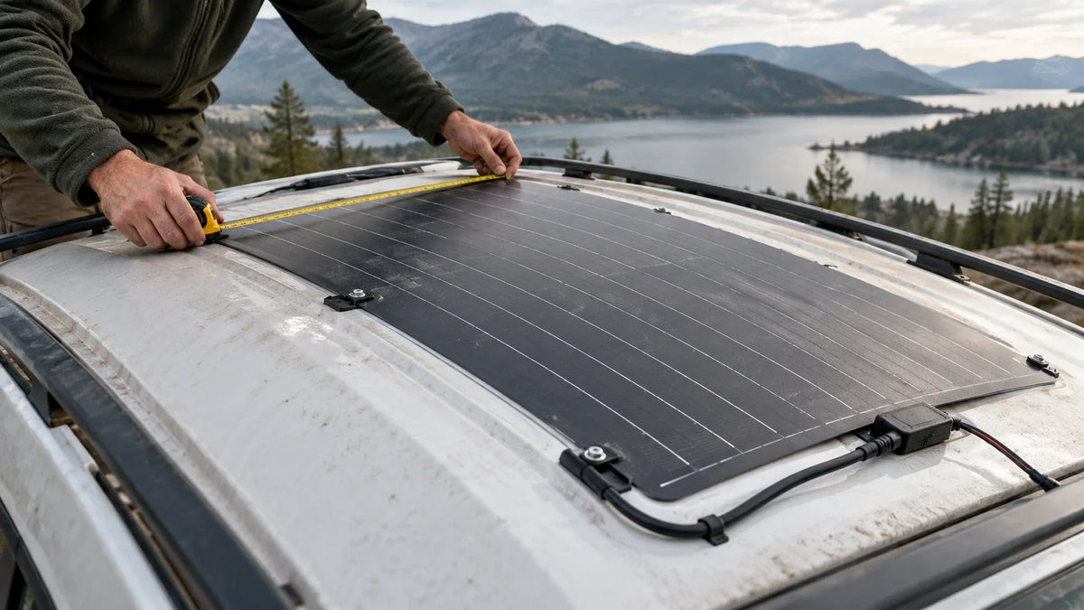 An installer checks the intact outline of a flexible solar panel against a curved mounting surface.