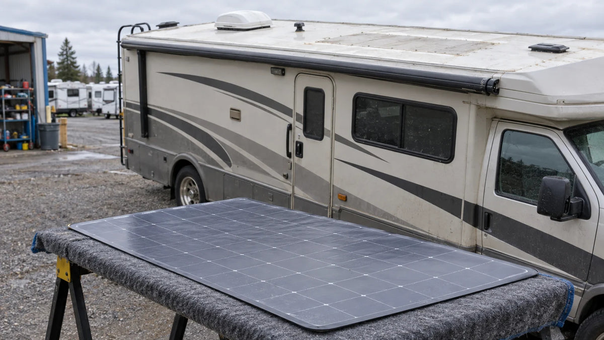 A frameless flexible solar panel flat on a padded inspection stand next to a parked RV, with roof vents and free roof area visible.