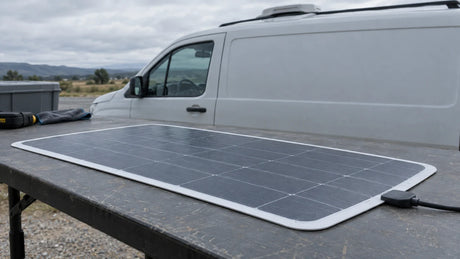 documentary editorial photograph for a B2B flexible photovoltaic panel buying guide.