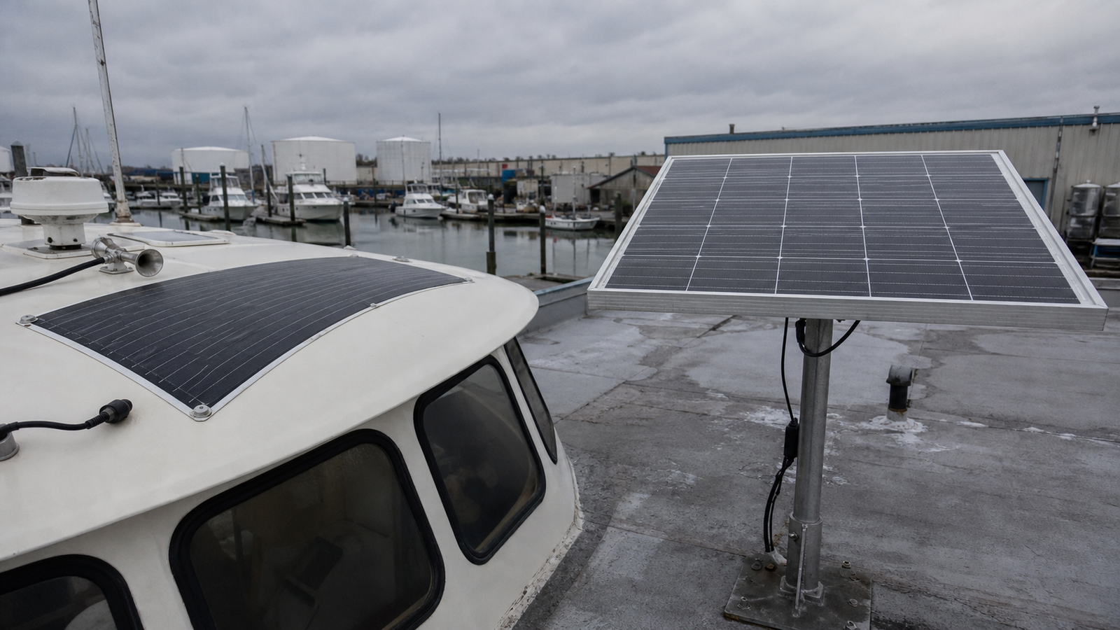 Split-view cover image: a black flexible solar panel bonded to a curved boat cabin top on the left, and a framed rigid glass solar panel mounted on a flat industrial roof on the right.