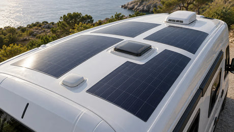 Several frameless flexible solar modules lie low on a large vehicle roof with realistic spacing around roof fixtures.