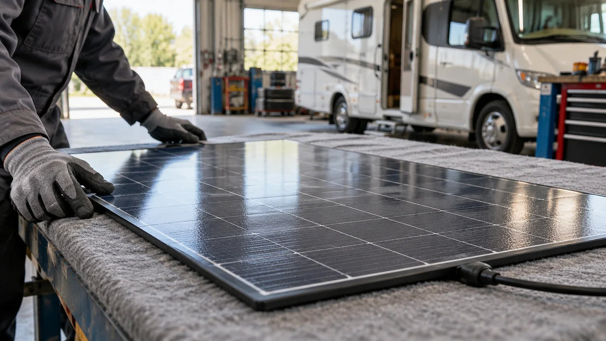 A finished flexible solar panel lies flat on a padded inspection table beside an unbranded RV in a practical workshop.
