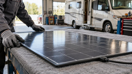 A finished flexible solar panel lies flat on a padded inspection table beside an unbranded RV in a practical workshop.