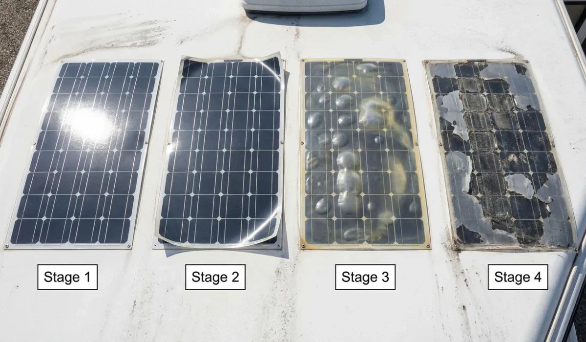 four stages of flexible solar panel degradation including bubbling, yellowing, cracking and delamination