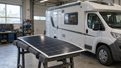 A flexible solar panel on a padded stand beside a vehicle in an RV workshop, with the roof outline and planned mounting area in frame.