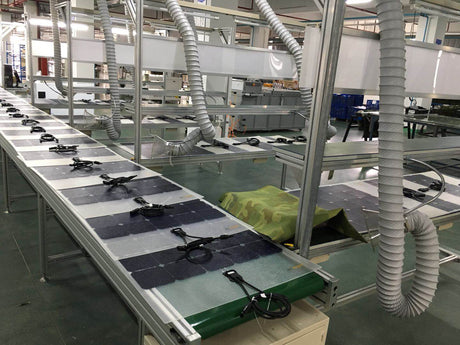 Flexible solar panel manufacturing assembly line in factory setup