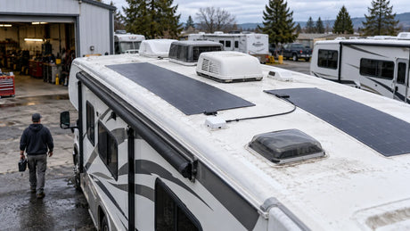 Two low-profile flexible solar modules mounted on an RV roof with clear space around vents at a practical service yard.