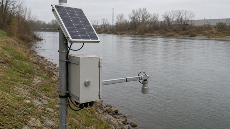 A solar-powered flood-monitoring station on a riverbank with a non-contact radar water-level sensor arm extended over a calm river and a weatherproof enclosure on a pole.