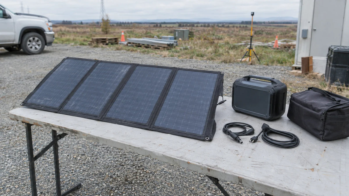 One unfolded portable PV panel on an ordinary gravel-side field worktable, separate closed generic portable power enclosure and plain carry bag nearby, all leads unplugged, no display.