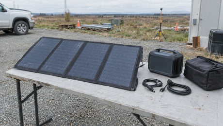 One unfolded portable PV panel on an ordinary gravel-side field worktable, separate closed generic portable power enclosure and plain carry bag nearby, all leads unplugged, no display.