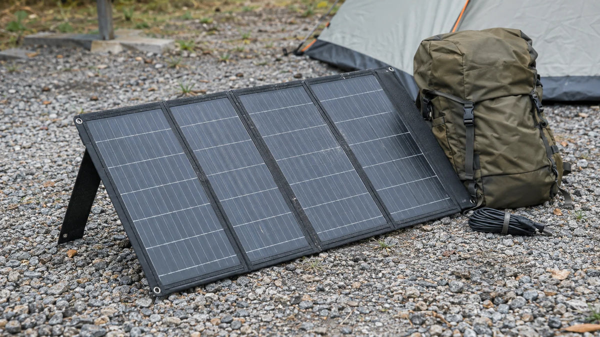 One unfolded portable foldable photovoltaic panel propped securely on ordinary campsite gravel beside a packed unbranded backpack and capped cable, with a plain tent edge in the distant background.