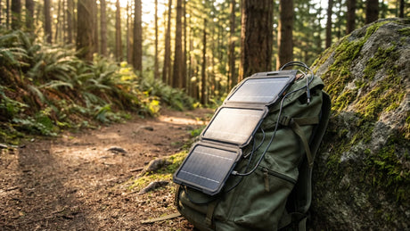 Foldable solar charger attached to a hiking backpack in the forest