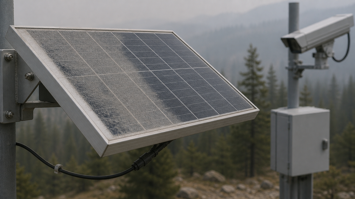 A solar panel powering a camera at a forest field installation.