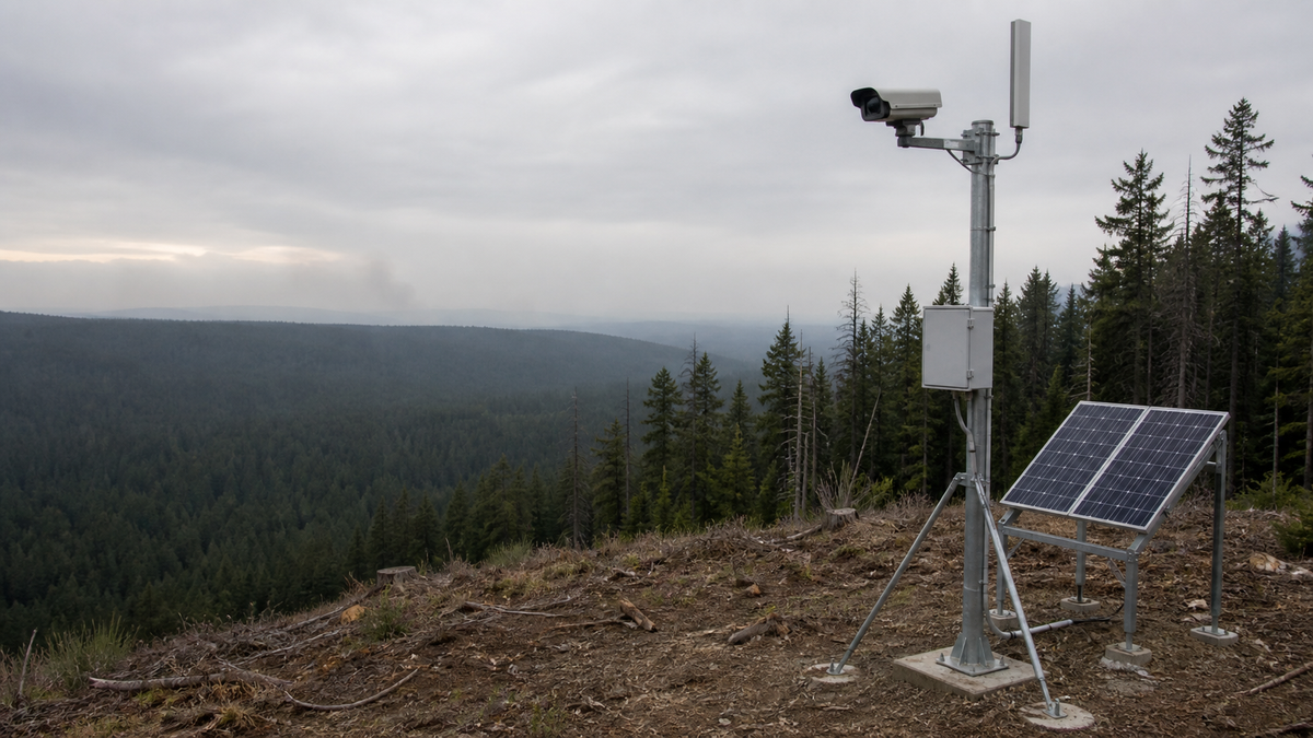 A solar-powered wildfire detection camera on a transmission line corridor.