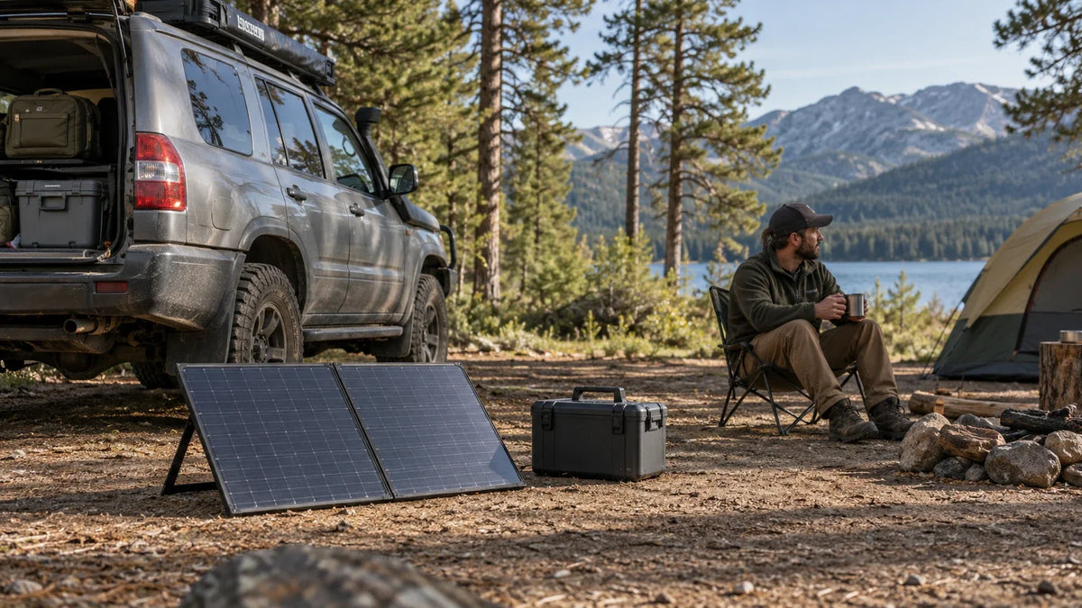 A parked four-wheel-drive vehicle uses a portable solar panel beside a closed auxiliary battery compartment.