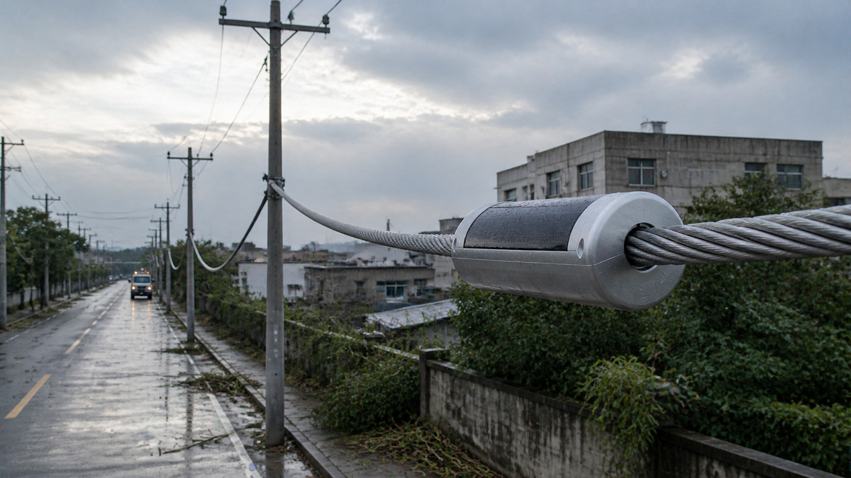 A LinkSolar hybrid overhead-line power platform surrounds a distribution conductor above a wet roadside as a utility vehicle approaches after a storm.