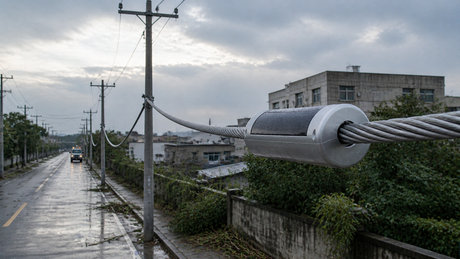 A LinkSolar hybrid overhead-line power platform surrounds a distribution conductor above a wet roadside as a utility vehicle approaches after a storm.