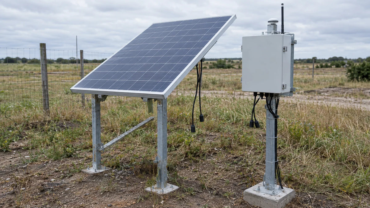 One unbranded compact finished PV module on a temporary support beside a remote monitoring equipment enclosure in an ordinary field site, cable capped and disconnected.