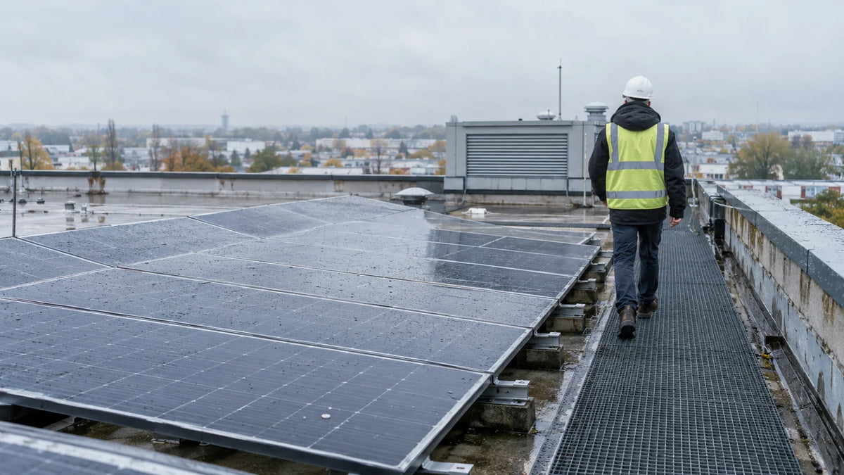 One finished PV module on an ordinary low roof after wet weather, a few water spots on glass, safe maintenance walkway and anonymous inspector from behind.