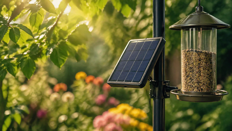 Solar panel on bird feeder pole in a green backyard garden