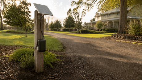 Solar panel mounted on a wooden post next to a driveway alarm sensor