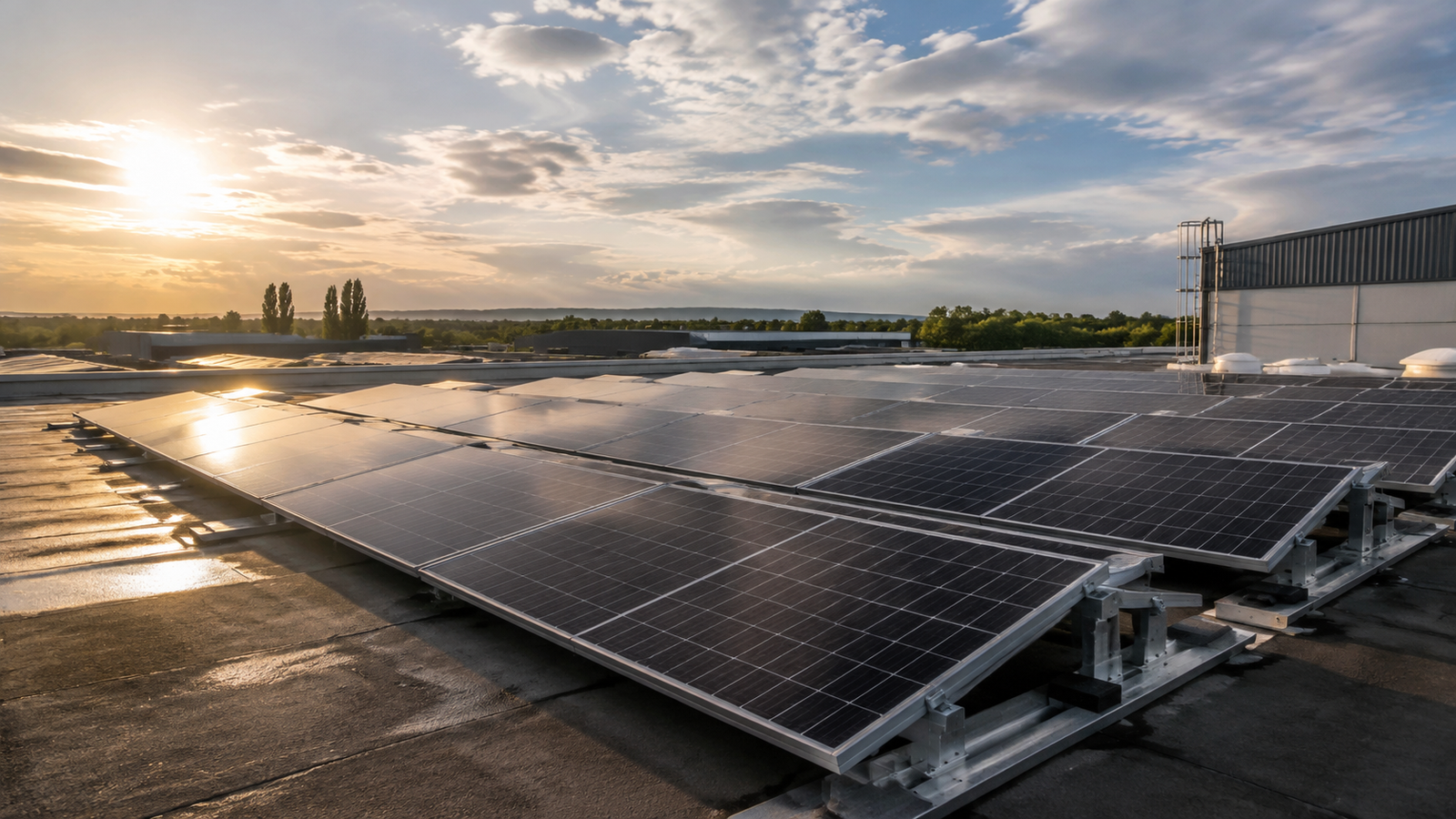 Solar panel array installed on low profile mounting racks across a commercial flat roof