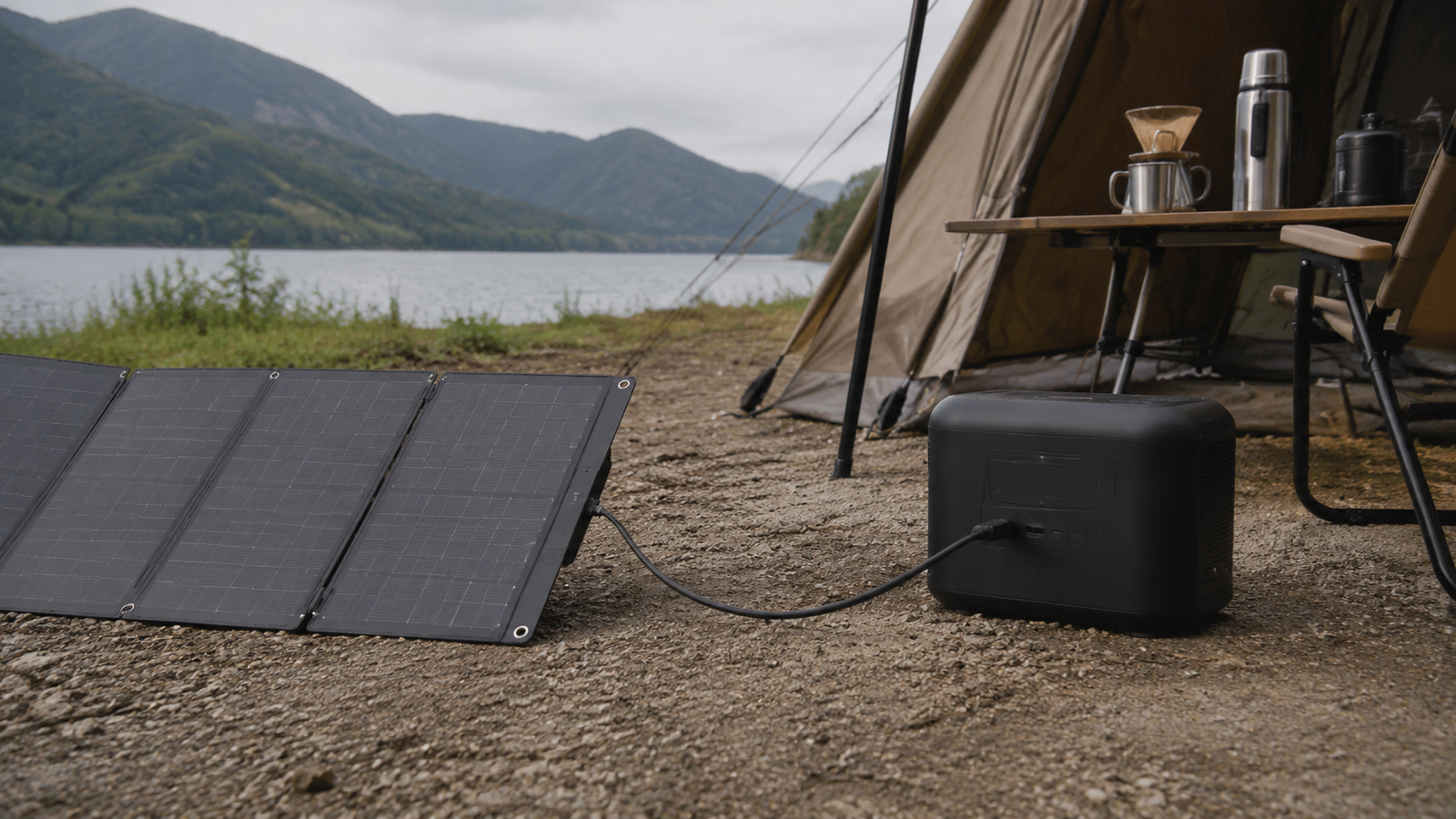 Portable power station charging from a foldable solar panel at an outdoor campsite