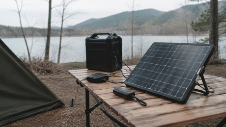 Compact solar charger powering generic outdoor electronics at a campsite