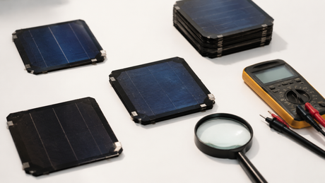 SunPower IBC solar cells with magnifying glass and multimeter on workbench showing various cell conditions