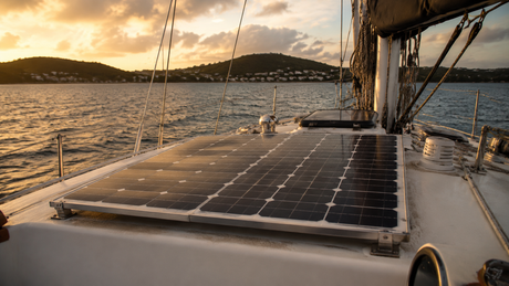 SunPower IBC solar cells mounted on sailboat cabin top with stainless steel hardware, ocean background
