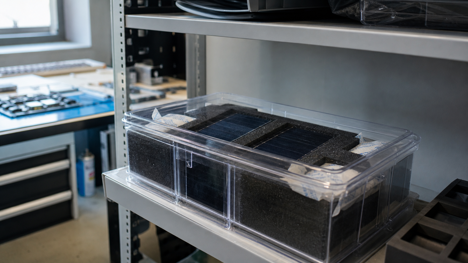 Solar cells stored in foam packaging inside a sealed plastic container with silica gel desiccant packets on a clean workshop shelf