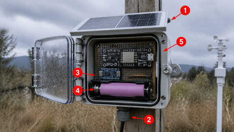 ESP32-C3 weather station with mini solar panel showing five common failure modes in outdoor IoT builds