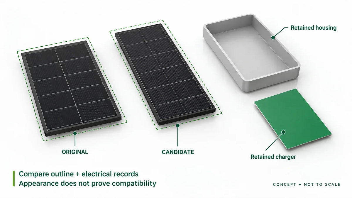 AI-generated concept comparing original and candidate mini solar panel outlines with a retained housing and charger reference; appearance does not prove compatibility.