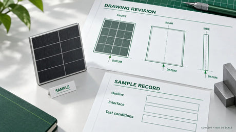 AI-generated concept of a custom mini solar panel sample beside front, rear and side drawing views and an empty sample inspection record.
