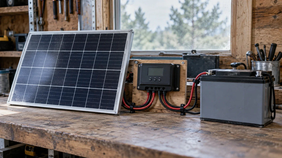 A technician checks an unbranded solar panel, compatible MPPT controller and enclosed 12-volt battery.