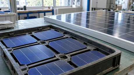 Close documentary foreground of generic photovoltaic cell samples in a protective tray, finished framed PV module softly visible on an ordinary production-inspection bench behind.