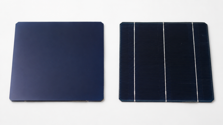 Side-by-side comparison of two unbranded solar cells, one with a uniform front and one with visible silver gridlines