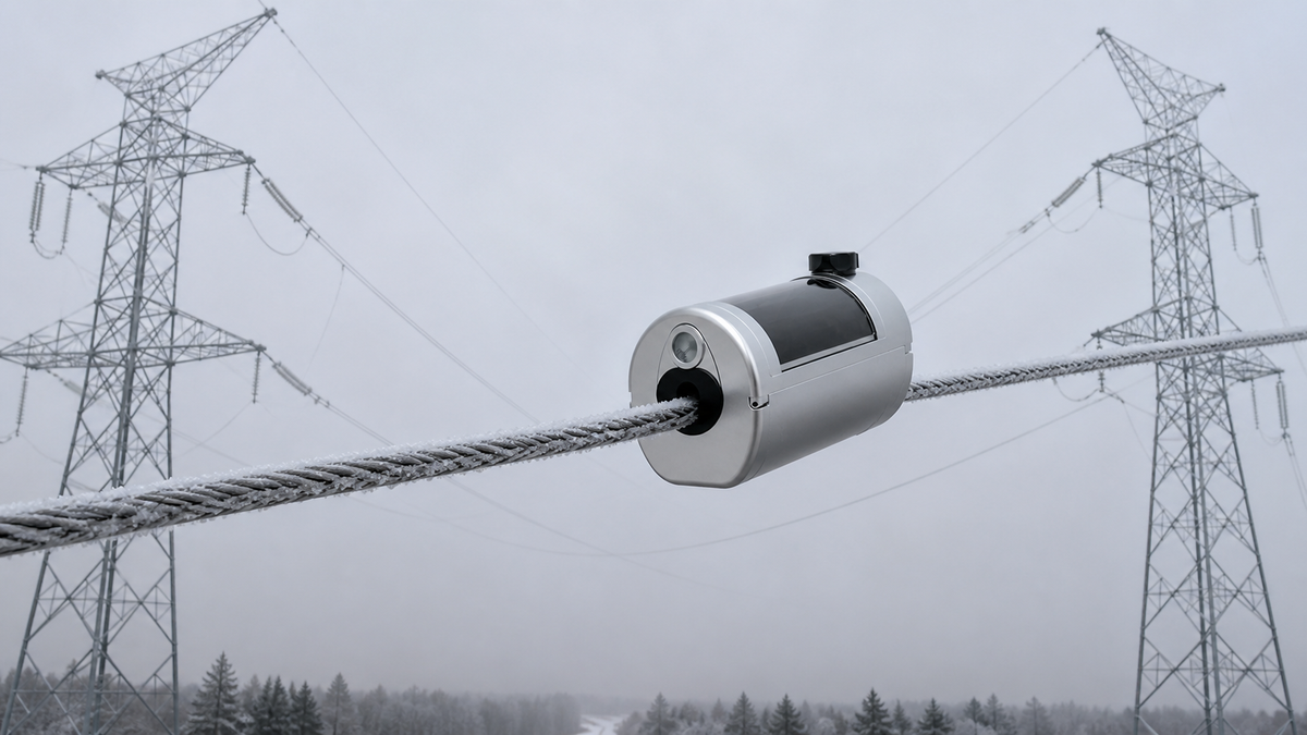 A LinkSolar icing monitoring node surrounds a frost-coated conductor high between two lattice transmission towers in freezing fog.