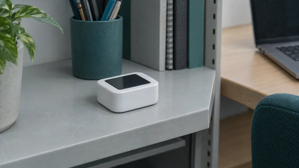 A compact indoor sensor prototype with a small flush solar window sits under ordinary office lighting, illustrating indoor photovoltaic application context.