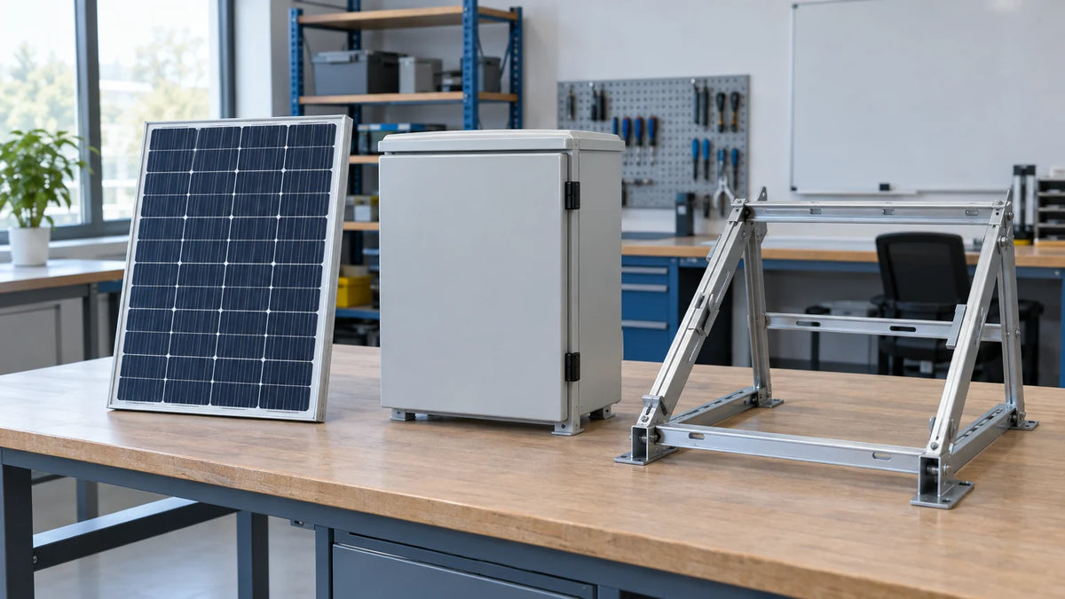A small solar module on an industrial inspection table beside a sealed equipment enclosure and an unconnected mounting frame, before device integration.