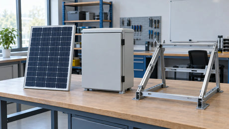 A small solar module on an industrial inspection table beside a sealed equipment enclosure and an unconnected mounting frame, before device integration.