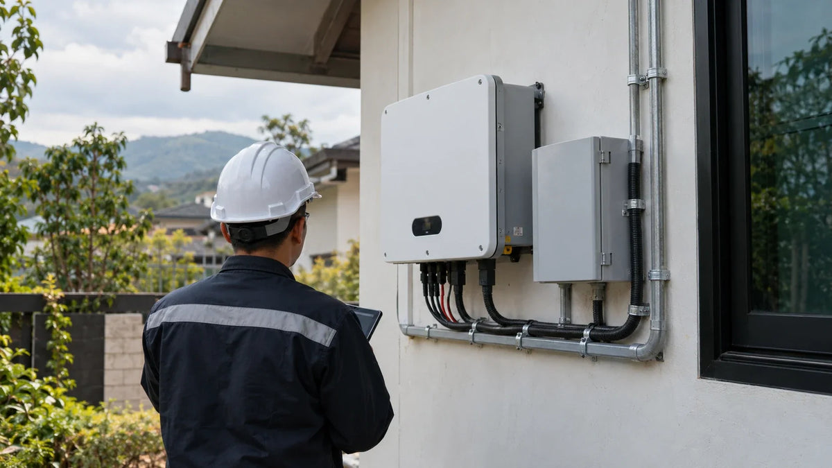 An electrician reviews a mounted solar array cable route leading to a closed inverter with a dedicated PV input.