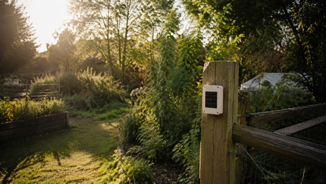 Small IoT sensor node with embedded micro solar panel in white enclosure mounted on wooden fence post in garden setting