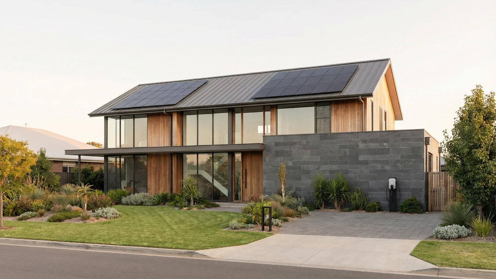 Residential rooftop solar panels on a modern home
