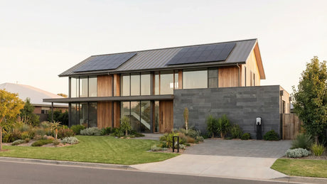 Residential rooftop solar panels on a modern home